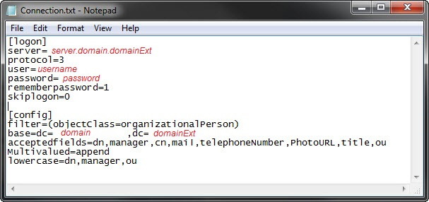 LDAP data connection file contents screenshot